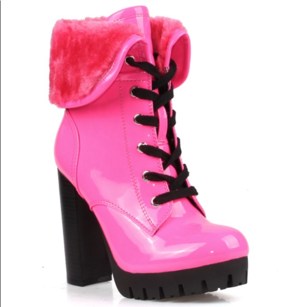 Neon Hot Pink Combat Booties - Picture 3 of 6